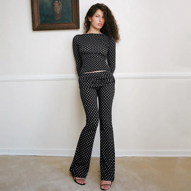 Women Polka Dot Off Shoulder Long Sleeve Crop Top & High Waist Flared Leggings 2 Piece Yoga Workout Set