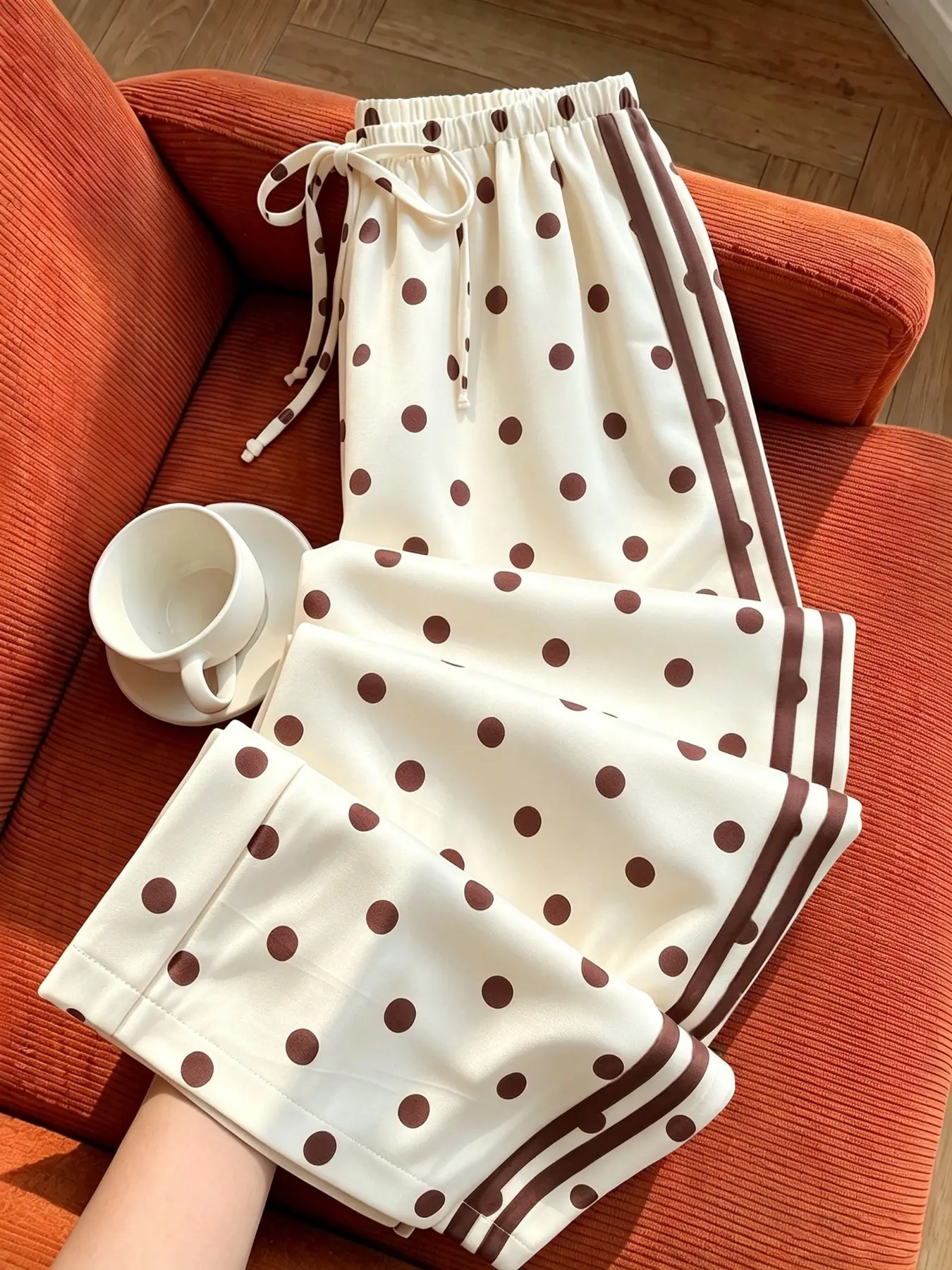 Vintage Polka Dot Wide Leg Pants, Side Stripe Elastic Waist, Summer Casual Trousers, Versatile and Slimming, Perfect for All Seasons