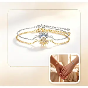 Sun And Moon Matching Bracelets Set, Adjustable Dainty Layered Chain Couple Bracelets With Shiny Synthetic Gemstones, Aesthetic Matching Jewelry Gift For Women Best Friends Lovers, Trendy Celestial Friendship Matching Bracelet Accessories-YY0