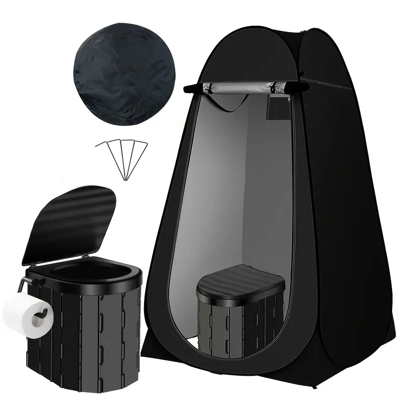 2pcs Set: Shower Tent + Folding Toilet, Outdoor Quick-Setup Single-Person Privacy Tent, Space-Saving Portable Toilet with High Load-Bearing Toilet Seat and Tissue Holder