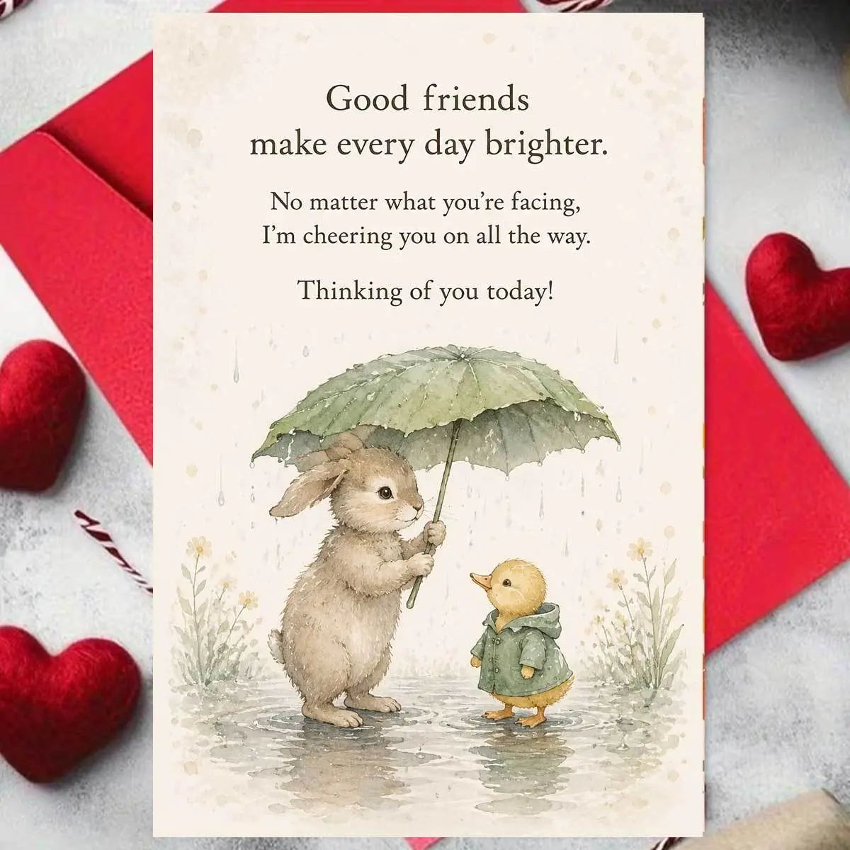1 set (a greeting card and an envelope) Lovely watercolor bunny and duckling, greeting card for friendship, encouraging inspirational. Text: For friends, cherish every day well. A rabbit holding an umbrella to protect the duckling in the rain.