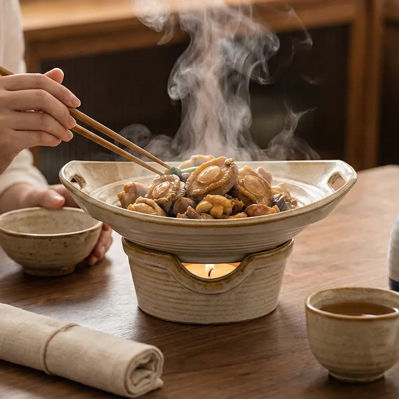 Ceramic Food Warmer Serving Dish, Rustic Double-Handled Ceramic Bowl with Candle-Heated Base, Vintage Glazed Tabletop Warming Dish for Stews, Chicken, Hot Dishes and Family Dining