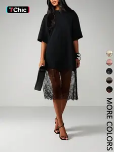 Women's Two-Layer T-Shirt Dress, Crew Neck, Oversized Short Sleeve Knit Outer, Sheer Floral Lace Midi Underlayer, Soft Breathable Fabric, Casual Daily, Date Night & Party Wear, Edgy Dark Feminine Style