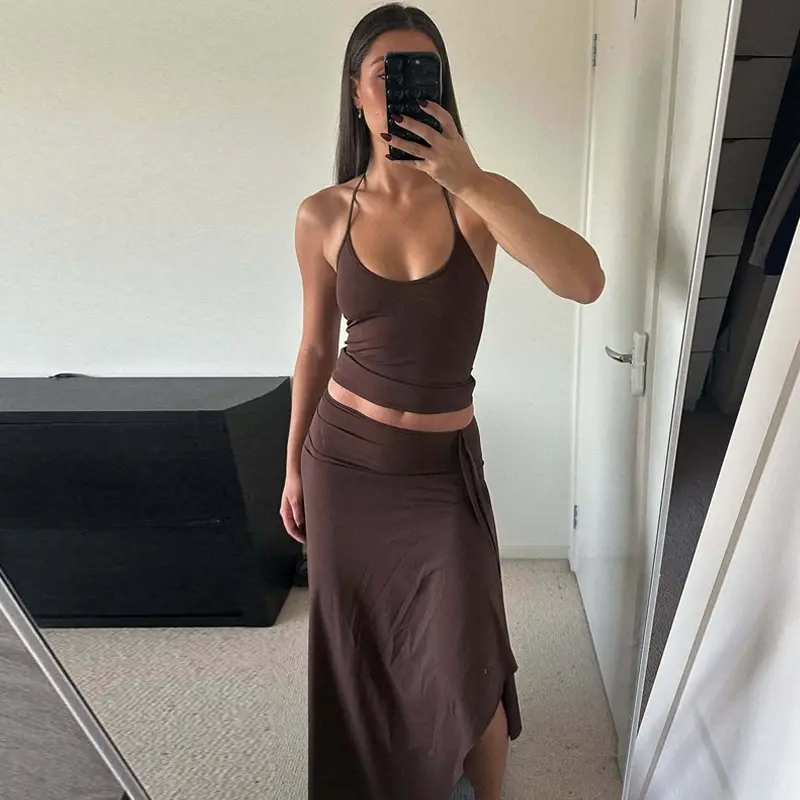 Women's Solid Sleeveless Tie-Neck Cami Top & Bodycon Side-Split Long Skirt Two-Piece Set for Summer Party and Vacation