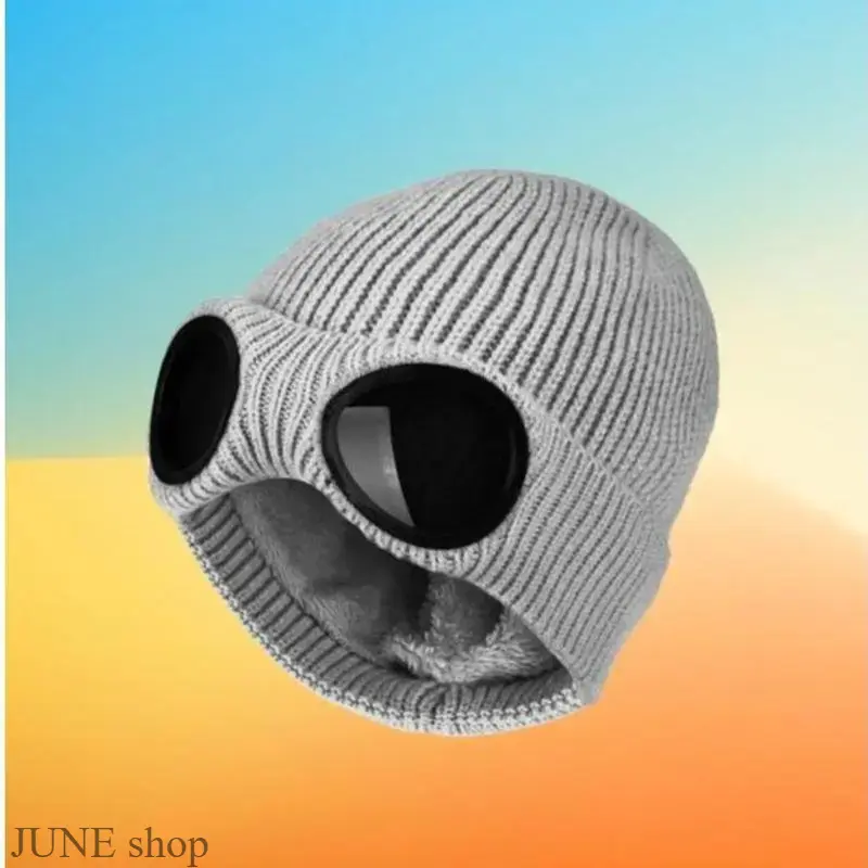 Unisex Solid Color Thermal-Windproof Goggle Lens Knitted Beanie, Winter Headwear for Outdoor Sports & Streetwear