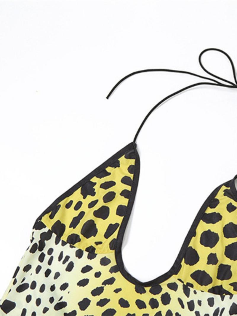 Women's Leopard Print Criss Cross Cut Out Halter Neck Dress, Casual Trendy Boho Asymmetrical Hem Sleeveless A Line Long Dress for Summer, Bohemian Casual Dress, Fashion Women's Dress for Beach Holiday, Womenswear, Chic Elegant Style