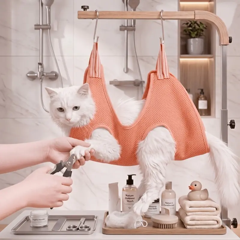 4-in-1 Pet Grooming Hammock Set - Professional Nail Trimming and Ear Cleaning Tool for Cats and Dogs, including breathable mesh restraint bag, S-shaped hook and nail clippers, shipped in random colors