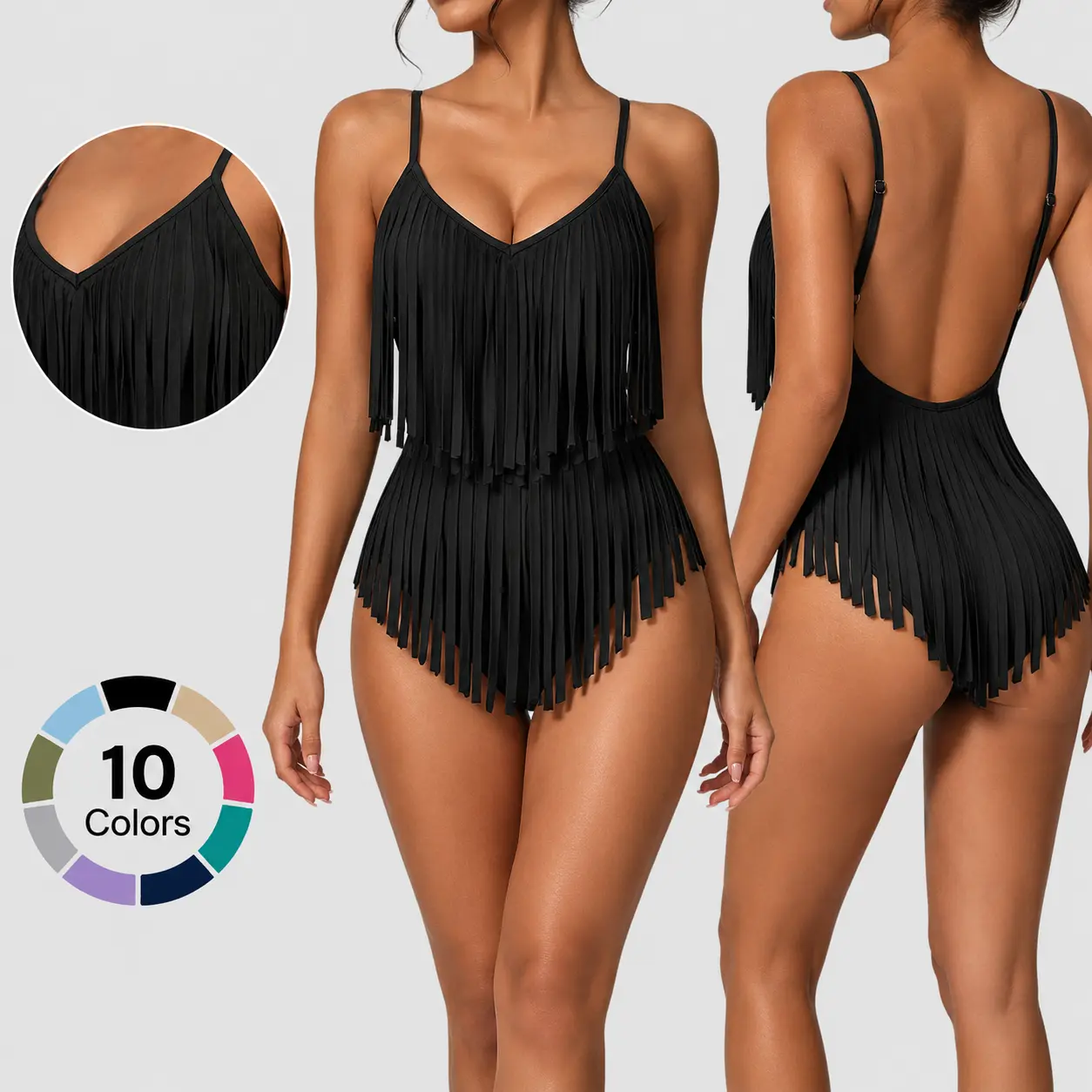 Women Deep V-Neck Fringe Layered Tankini Swimsuit, Two-Piece Tassel Trim Swimwear with Adjustable Straps