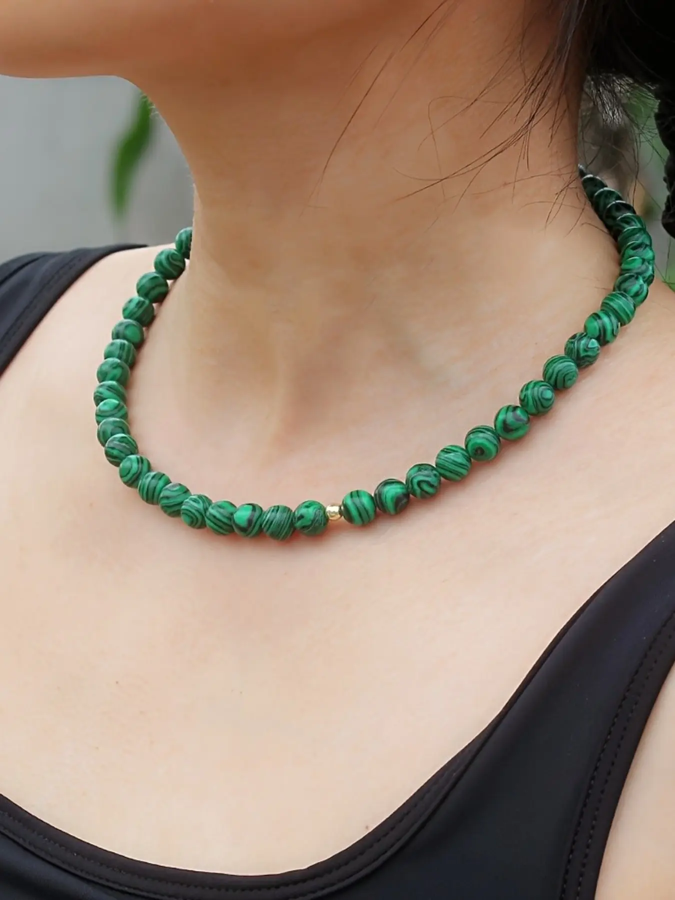 Vintage Boho Malachite Beaded 8mm Choker, Handcrafted Gemstone Necklace with Spacer Beads, Unique Jewelry Accessory