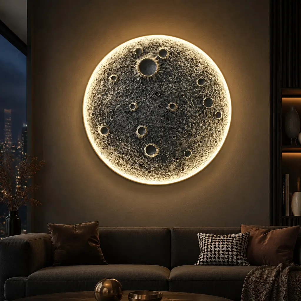 ARCH 48-Inch Diameter Resin Moon Wall Light - Plug-In Dimmable LED Sconce with Remote, 45W Main Light, 20W Night Mode, Meteorite Crater Texture, 48.00" W x 48.00" D x 1.75" H, 56.42 lb Gray Metal Wall Decor for Bedroom