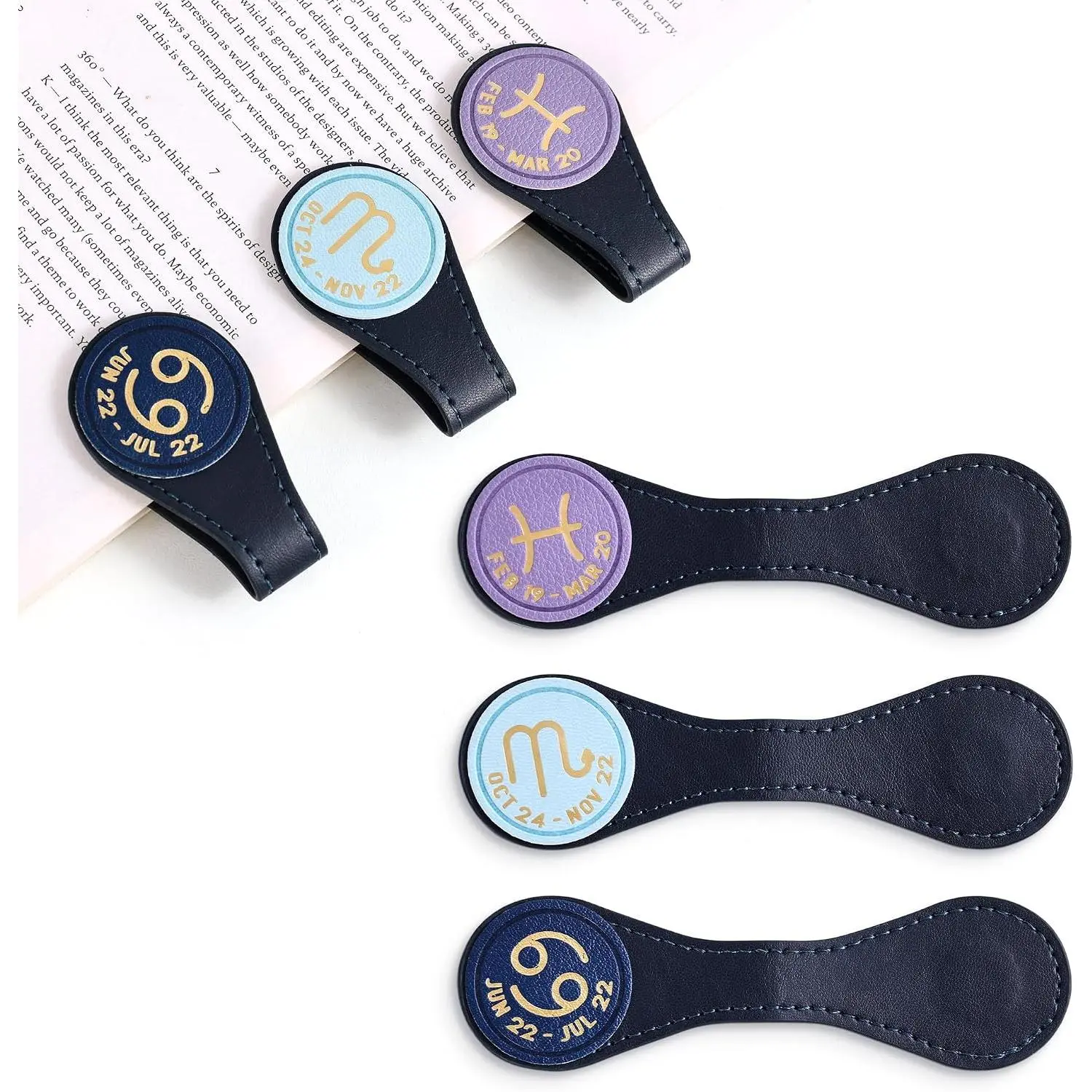 3 count Leather  Bookmark Clips, Zodiac PU Leather Bookmarks for Book Lovers, Full Set of Book Clip Accessories, Water Sign
