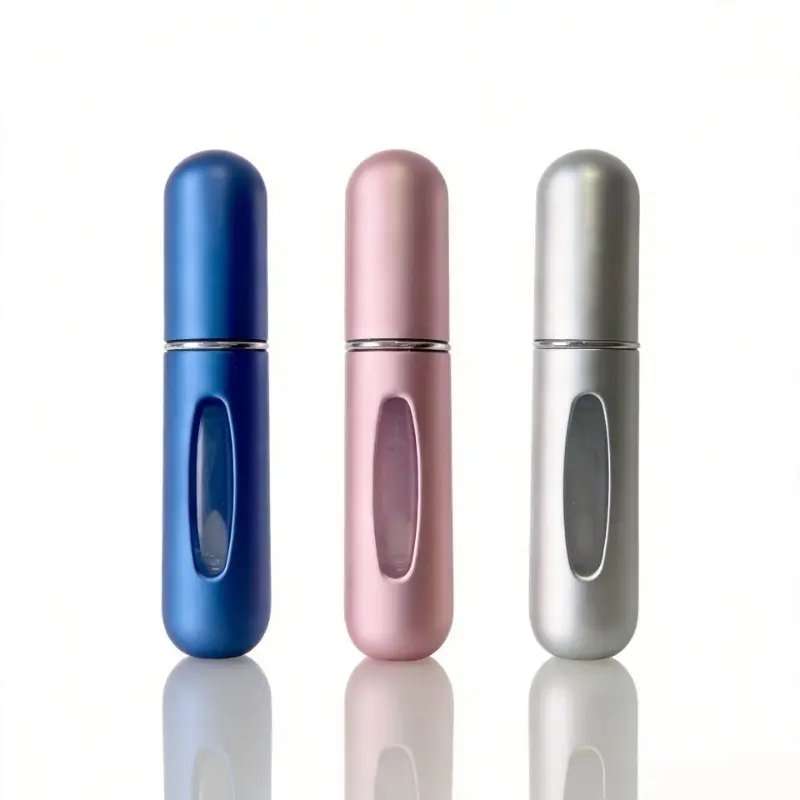 3-pack 5ml matte perfume spray bottle set in blue, silver, rose pink. Ultra-light compact with leak-proof construction, holds multiple fragrances, aesthetic portable atomizer for students, commuters and outdoor trips.