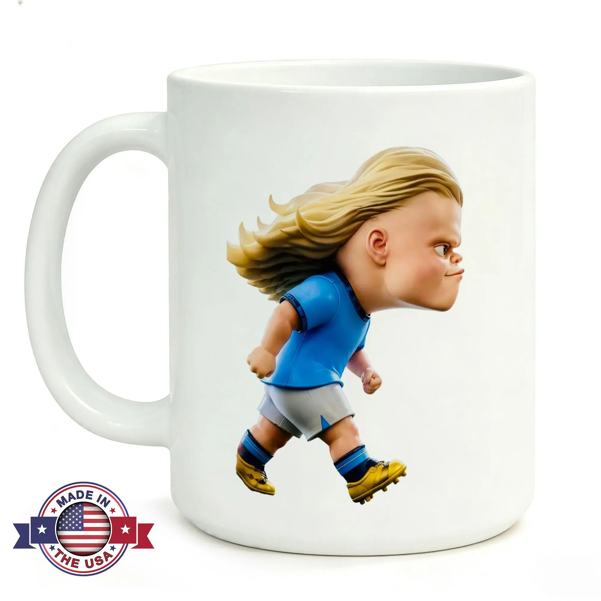 Funny Soccer Player Caricature Mug 11oz Ceramic Big Head Blonde Striker Running Football Cup English League Sports Fan Gift for Men Boys Coach Teammate