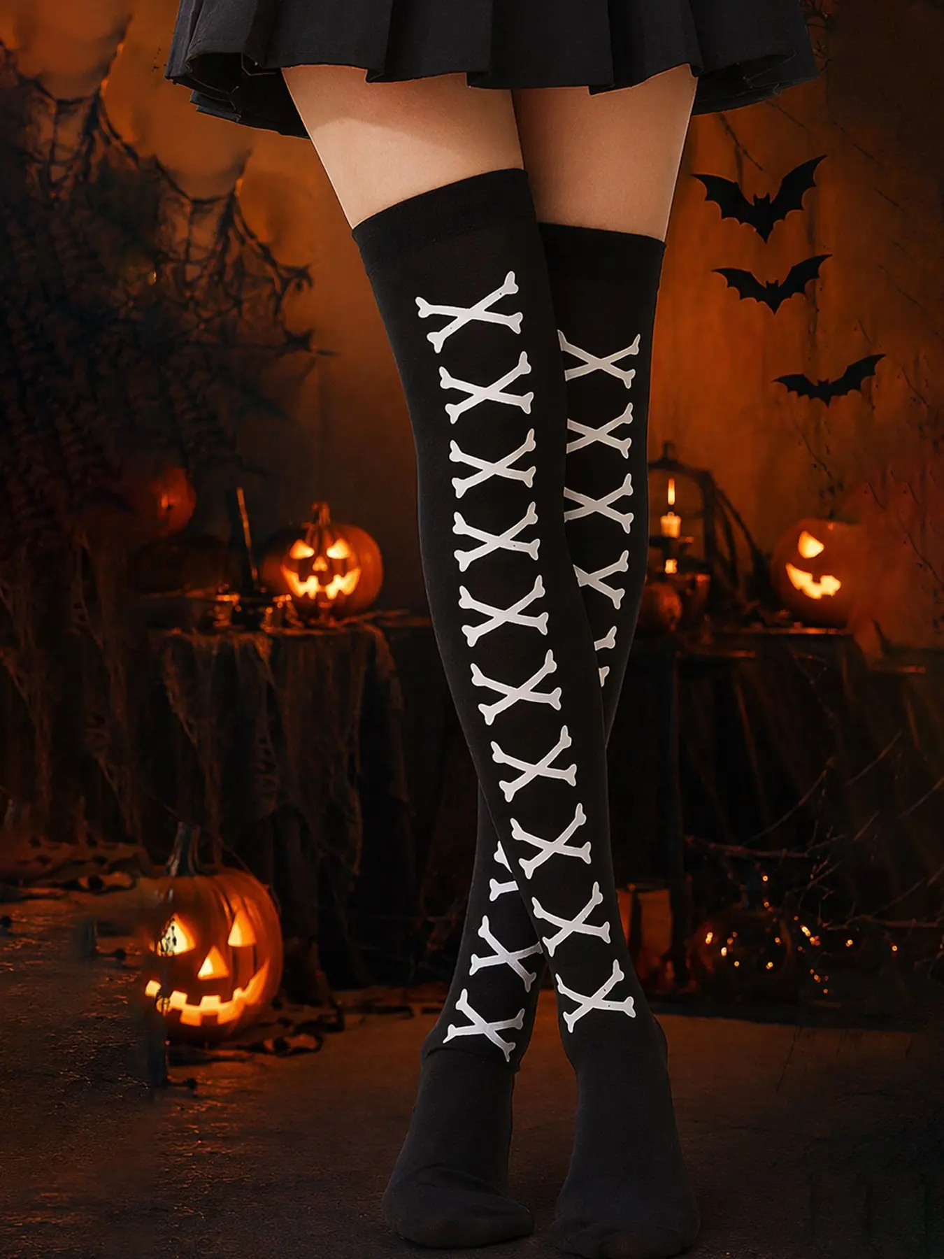 Sexy Dark Style Skull Pattern Over-The-Knee Socks, Plaid Punk Design, High Elasticity, Halloween Women's Socks, 1 Piece