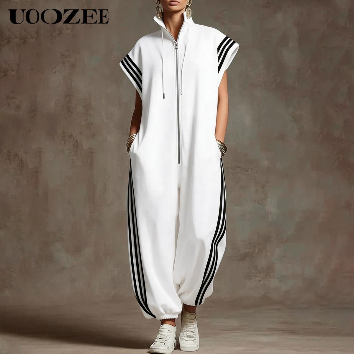 UOOZEE Women's New Summer Casual Side Stripe 100% Polyester Plus Size Contrast Color Pockets Jumpsuits, Loose Short Sleeves Zipper Stand Collar Ninth Pants One-Piece, Loungewear Streetwear Athletic Jumpsuit for Spring Summer Fall Womenswear UOOZEE Women's New Summer Casual Side Stripe 100% Polyester Plus Size Contrast Color Pockets Jumpsuits, Loose Short Sleeves Zipper Stand Collar Ninth Pants One-Piece, Loungewear Streetwear Athletic Jumpsuit for Spring Summer Fall Womenswear