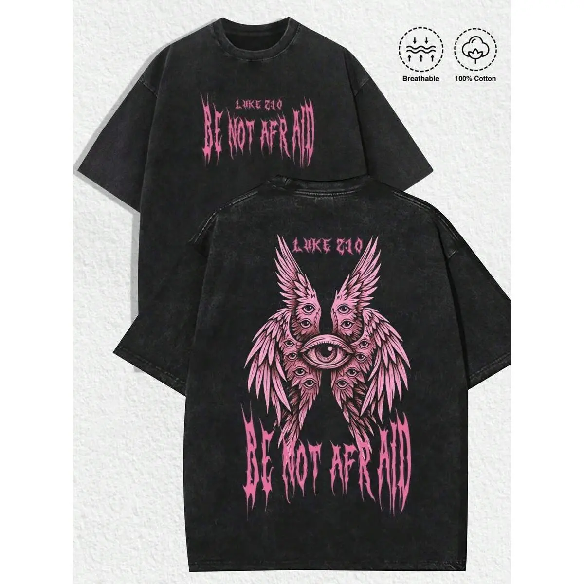 "Retro Religious-Gothic 'BE NOT AFRAID' Pink Multi-Eye Winged Angel Illustration & Luke 2:10 Verse" Print Black T-Shirt, Vintage Distressed Aesthetics, , Urban Fashion, Street Style, Gothic Events,