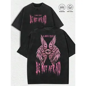 "Retro Religious-Gothic 'BE NOT AFRAID' Pink Multi-Eye Winged Angel Illustration & Luke 2:10 Verse" Print Black T-Shirt, Vintage Distressed Aesthetics, , Urban Fashion, Street Style, Gothic Events,