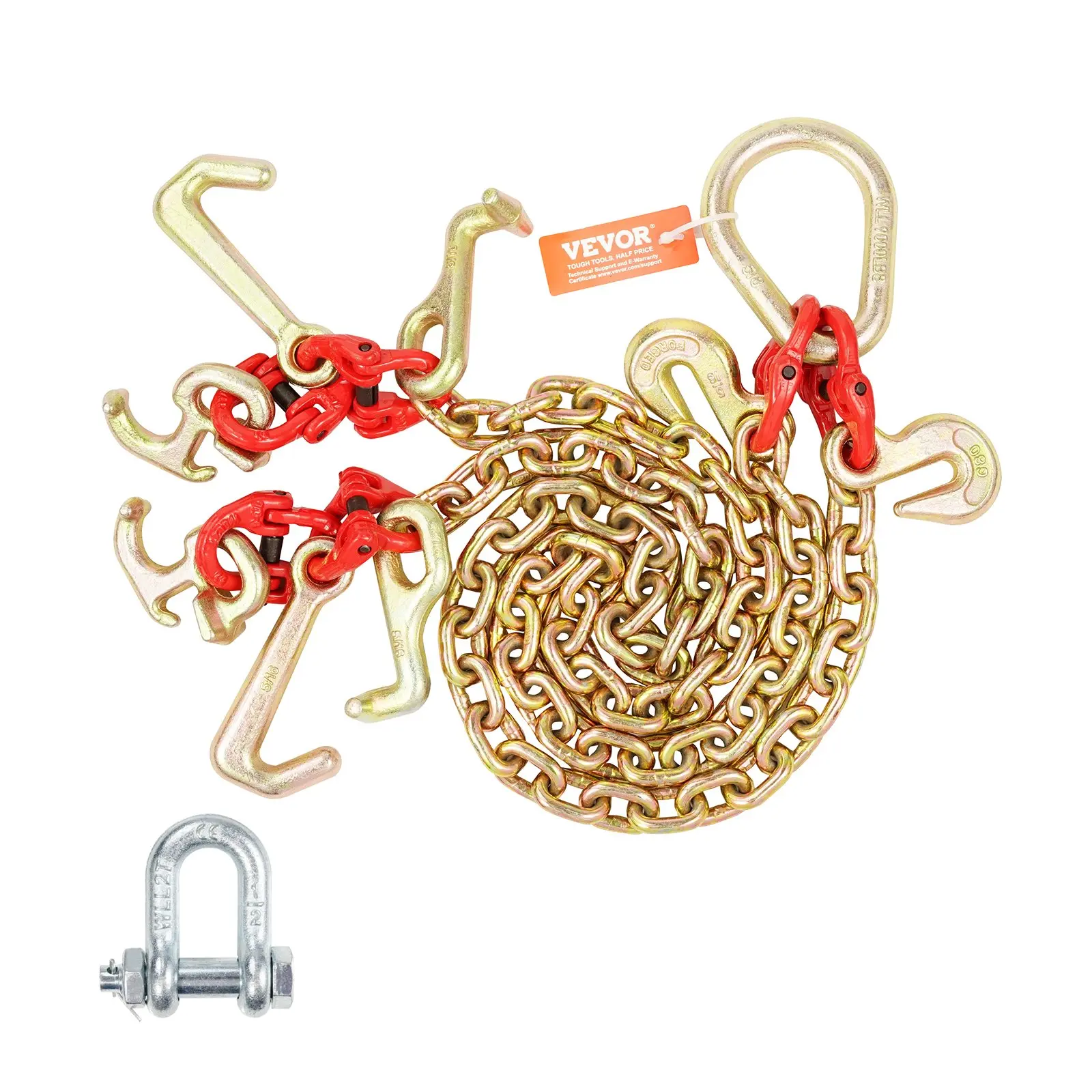 VEVOR G80 V Bridle Chain, 5/16"x 3' Towing Chain Bridle with R Hooks, T Hooks, J Hooks and Grab Hooks, Transport Tow Chain Bridle with 10800 lbs Safe Working Load for Flatbed Truck Wrecker Recovery