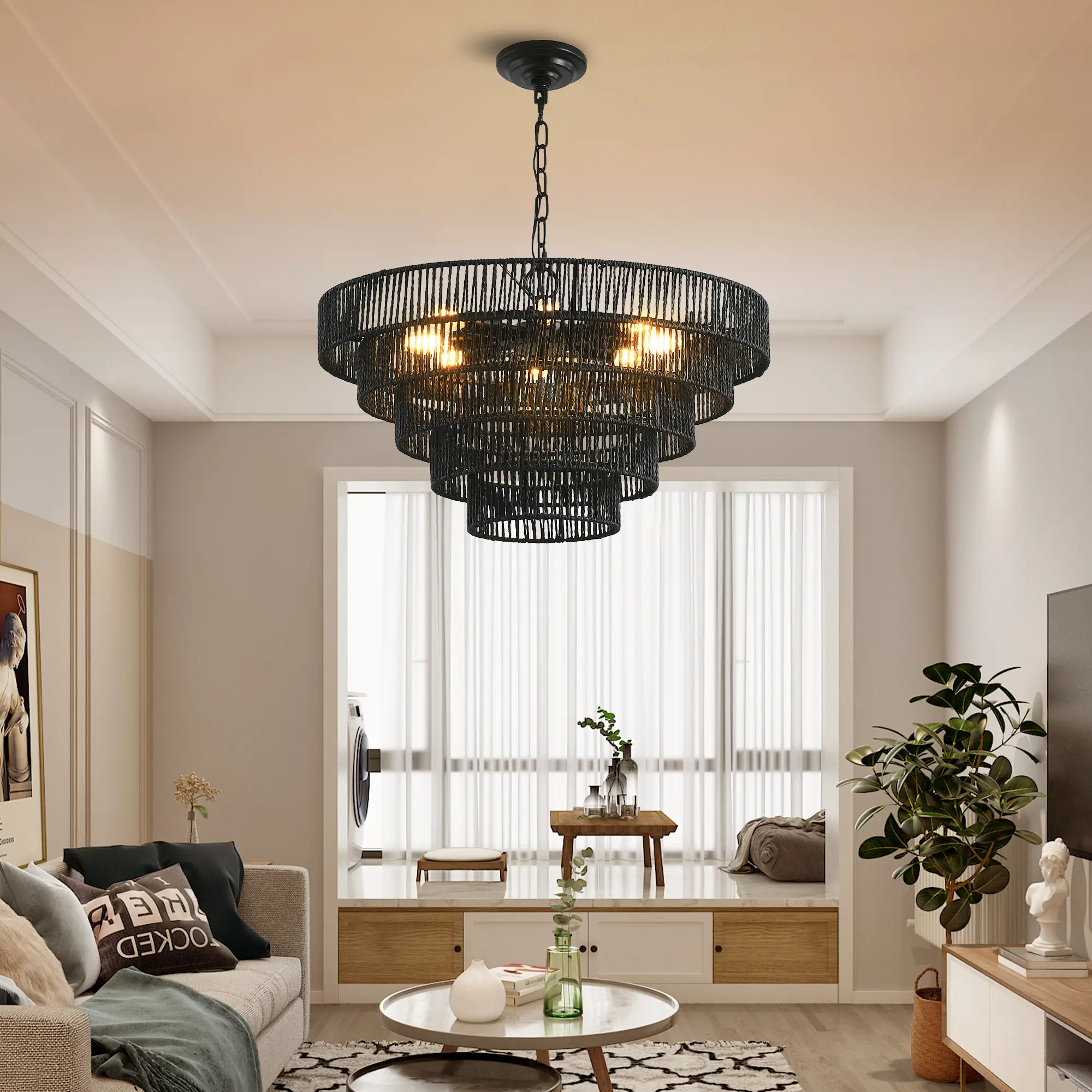 Nokaa 24-Inch Rustic 5-Tier Black Hemp Rope Pendant Light Chandelier with 8 E12 Sockets, Boho Farmhouse Ceiling Fixture for Dining Room, Kitchen, or Entryway, Bulb Not Included