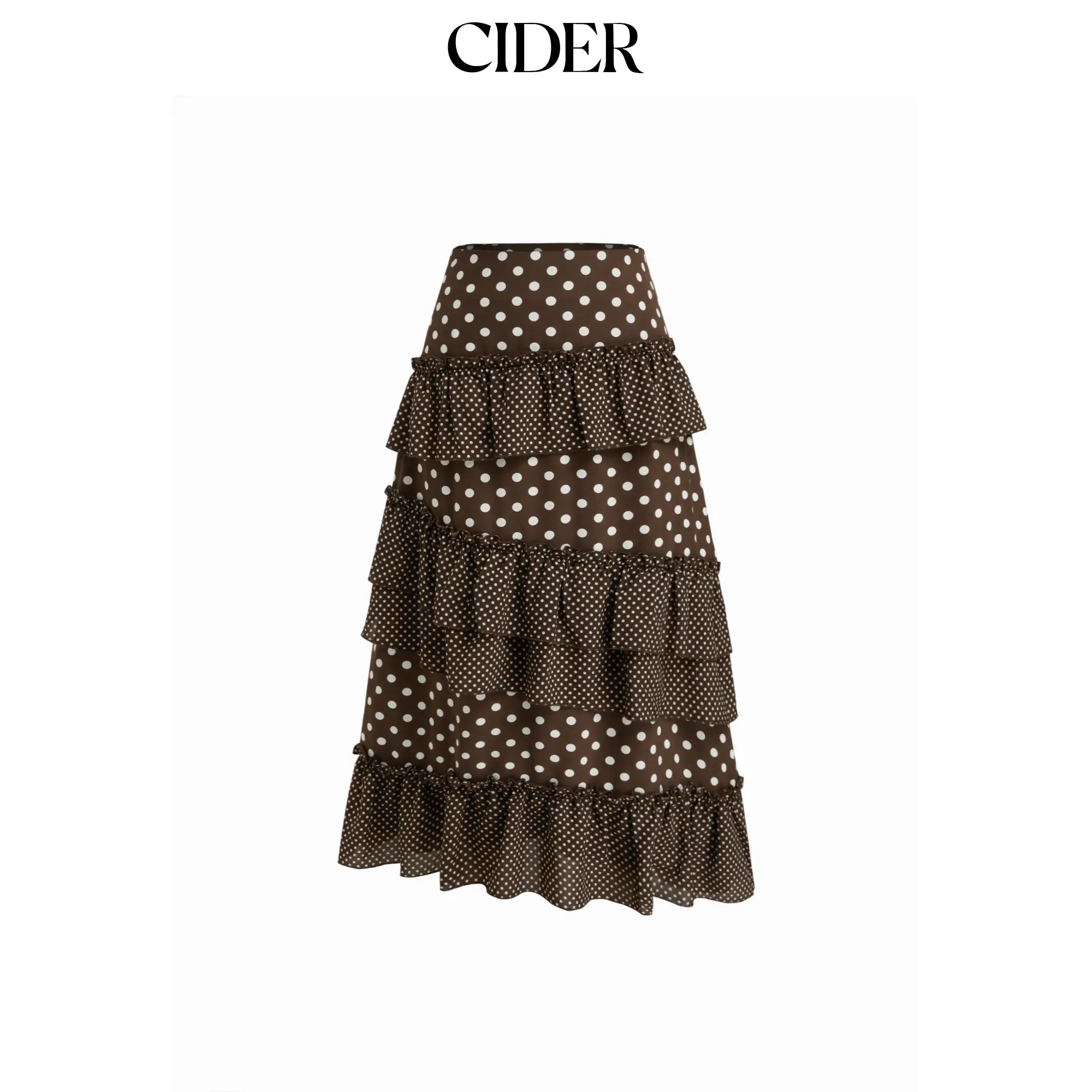 Cider Mid Rise Polka Dot Lettuce Trim Layered Ruffle Hem Maxi Skirt