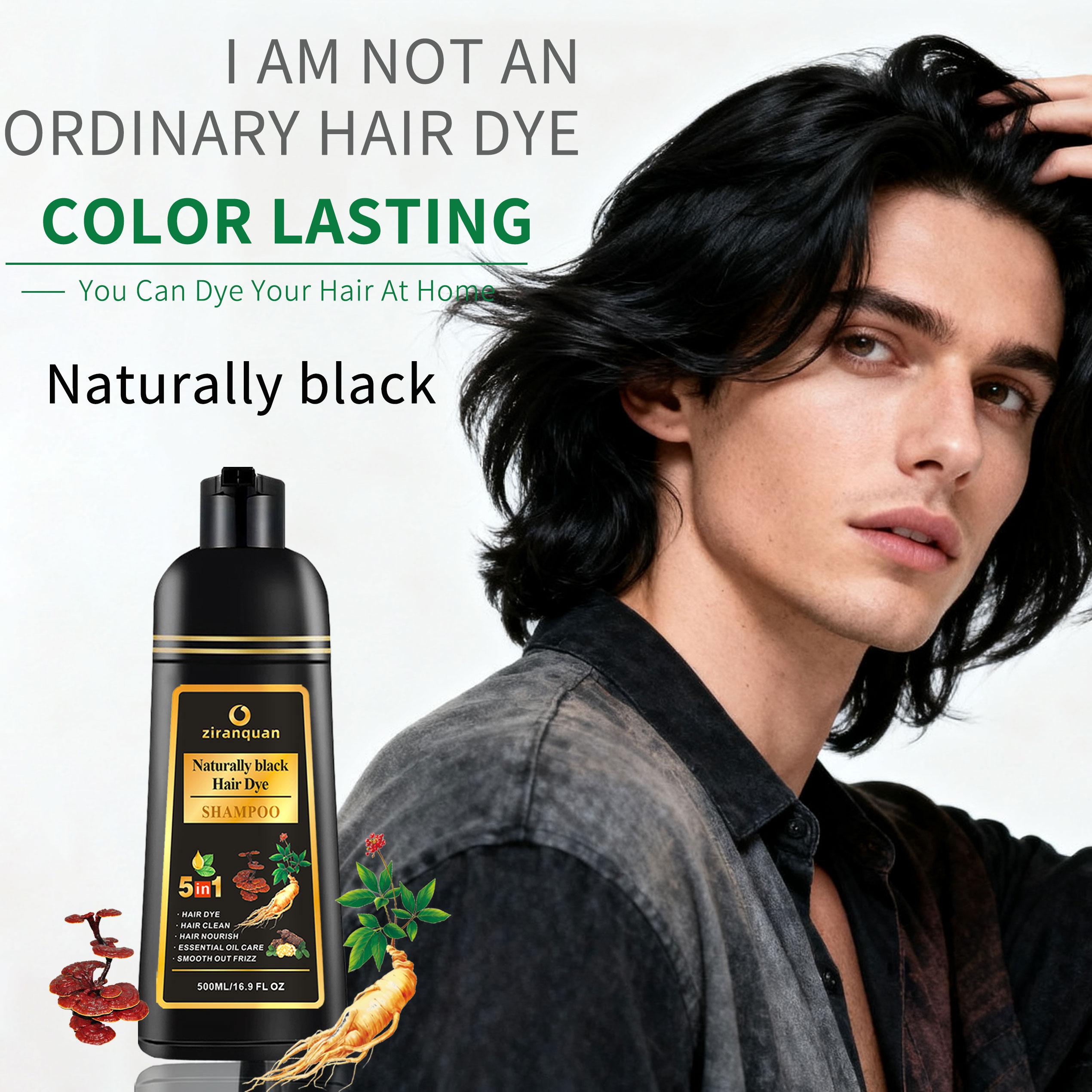 Mens Natural Black Hair & Beard Dye, Ammonia-Free with He Shou Wu | 15-Min Instant Gray Coverage (100% Even Tone) | Permanent Color Safe for Treated Hair, Non-Irritating for Facial Skin | 500ml Kit with Brush, At Home Use for Hair & Mustache