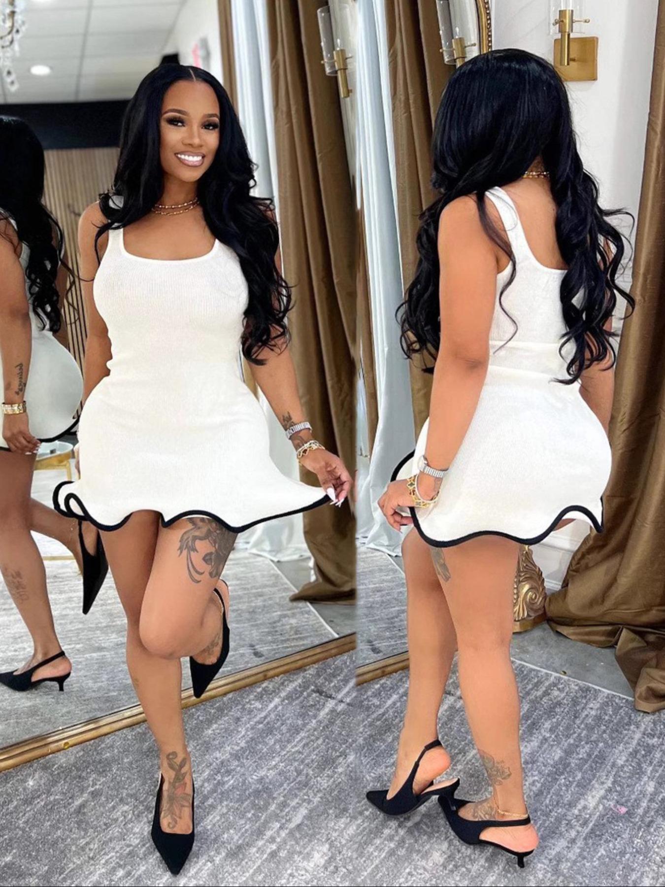 Women's Casual Sleeveless Dress, Casual Chic Dress, Fashionable Breathable Wavy Hem Design, Tight-Fitting Summer, Perfect for Daily Wear & Parties