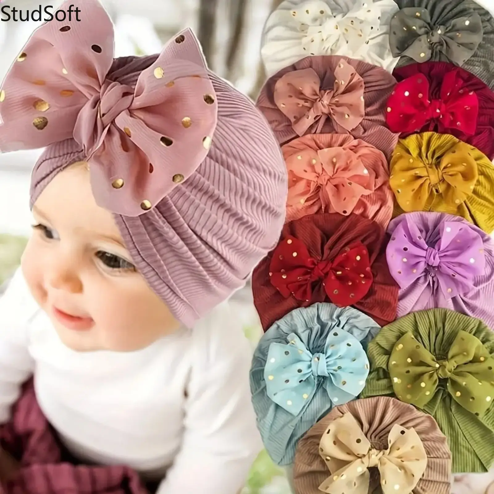 Baby Girl Headwrap Bonnet, 11-Piece Set of Soft Ribbed Turban Hats with Large Bows, Gold Foil Polka Dot & Solid Colors, Toddler Size Hair Accessories, Prop 65 Safe