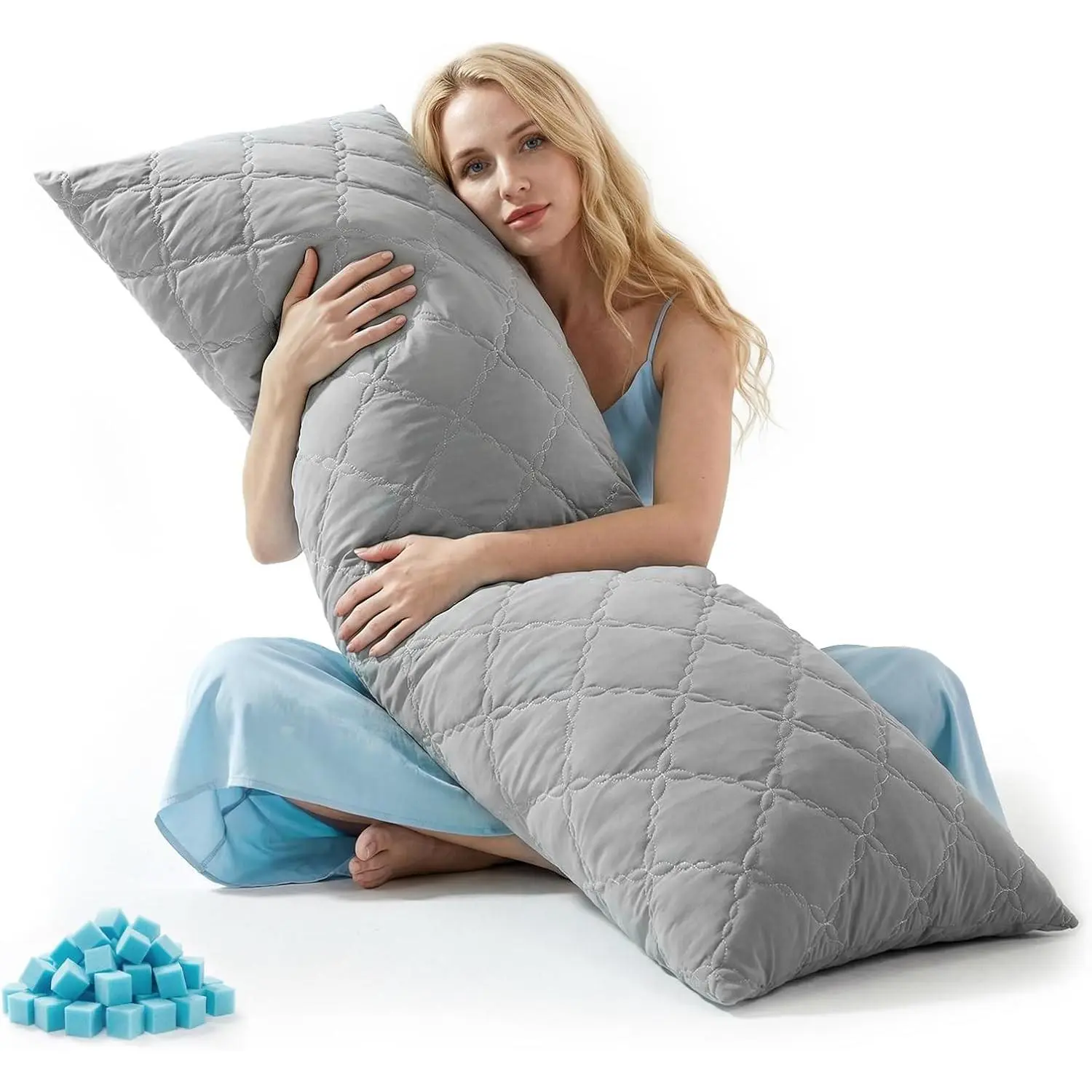 Cooling Memory Foam Body Pillow, 20x54 in Light Grey, Soft Cool-Touch Quilted Nylon-Spandex Cover, Adjustable Fill, Ideal for Side Sleepers, Back Pain Relief
