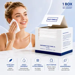 1 Pack 50 Sheets Extra Large Ultra Soft 100% Biodegradable Disposable Cleansing Face Towels, Facial Wipes, Face Wash Wipes, Makeup Remover Towelettes, Facial Cleansing Cloths, Ideal For Oily & Acne-Prone Skin, Gentle For Sensitive Skin, Seniors & Kids
