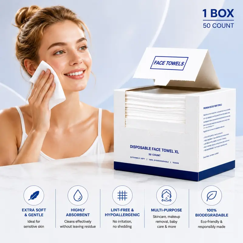 50 Pcs Disposable Facial Cleansing Face Towels, Ultra Soft Gentle Biodegradable, Ideal for Oily Acne Skin, Seniors & Kids Sensitive Skin Care, Face Cleaning Towel