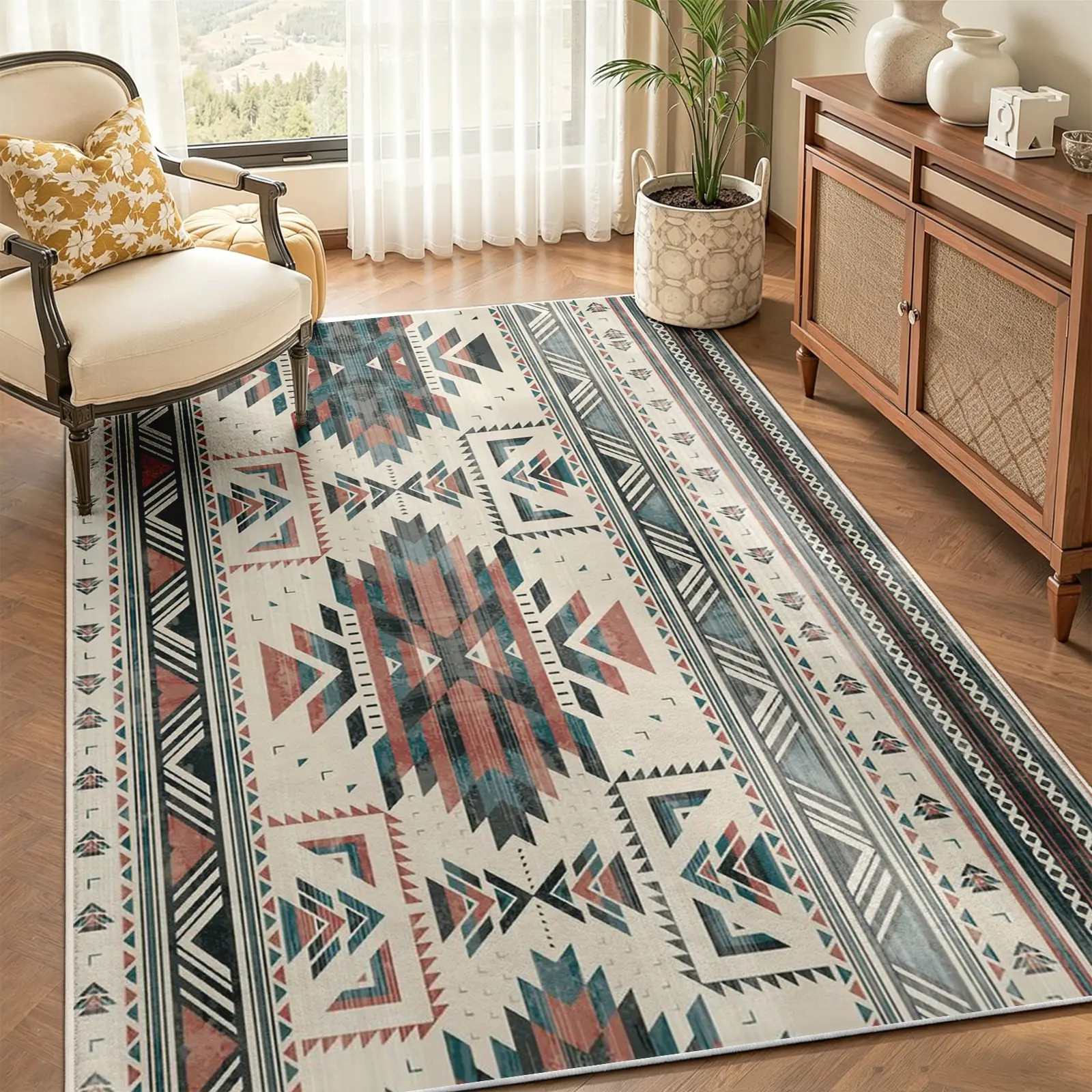 Traditional Southwest Geometric Area Rug - Tribal Aztec Pattern, Non-Slip Machine Washable Soft Faux Wool Faux Cashmere Carpet, Stain-Resistant Indoor Floor Rug for Living Room, Bedroom Decor (Multi-Size Options)