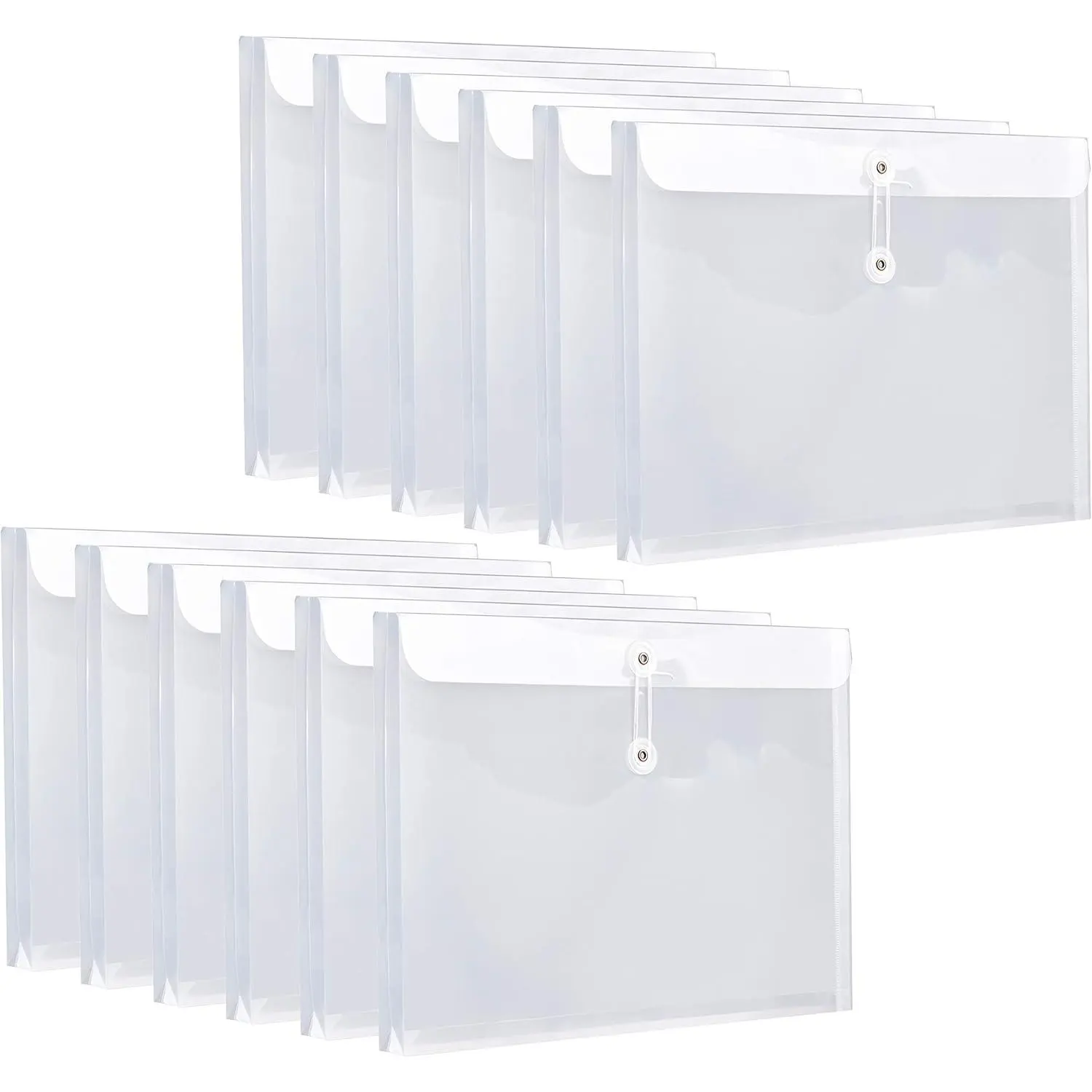 12 Pack Plastic Letter Size Envelopes with Button & String Tie Closure, 1-1/6" Expansion, Side Load, Clear Poly  File Folders Project Paper Documents Organizer for Office School &
