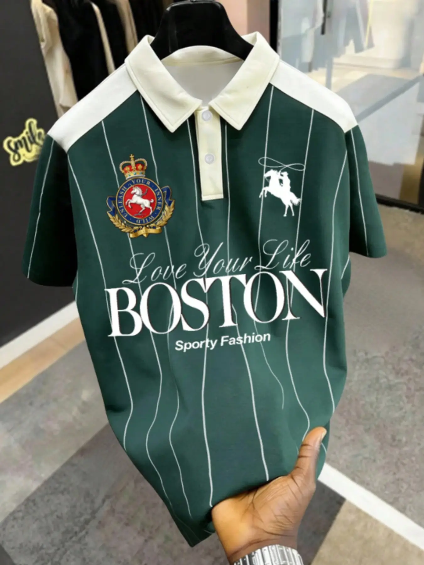 Men's Plus Size American Vintage College Style Striped Polo Shirt, Letter Print Summer New Comfortable Breathable Casual Short Sleeve Top, Breathable Polo Shirts