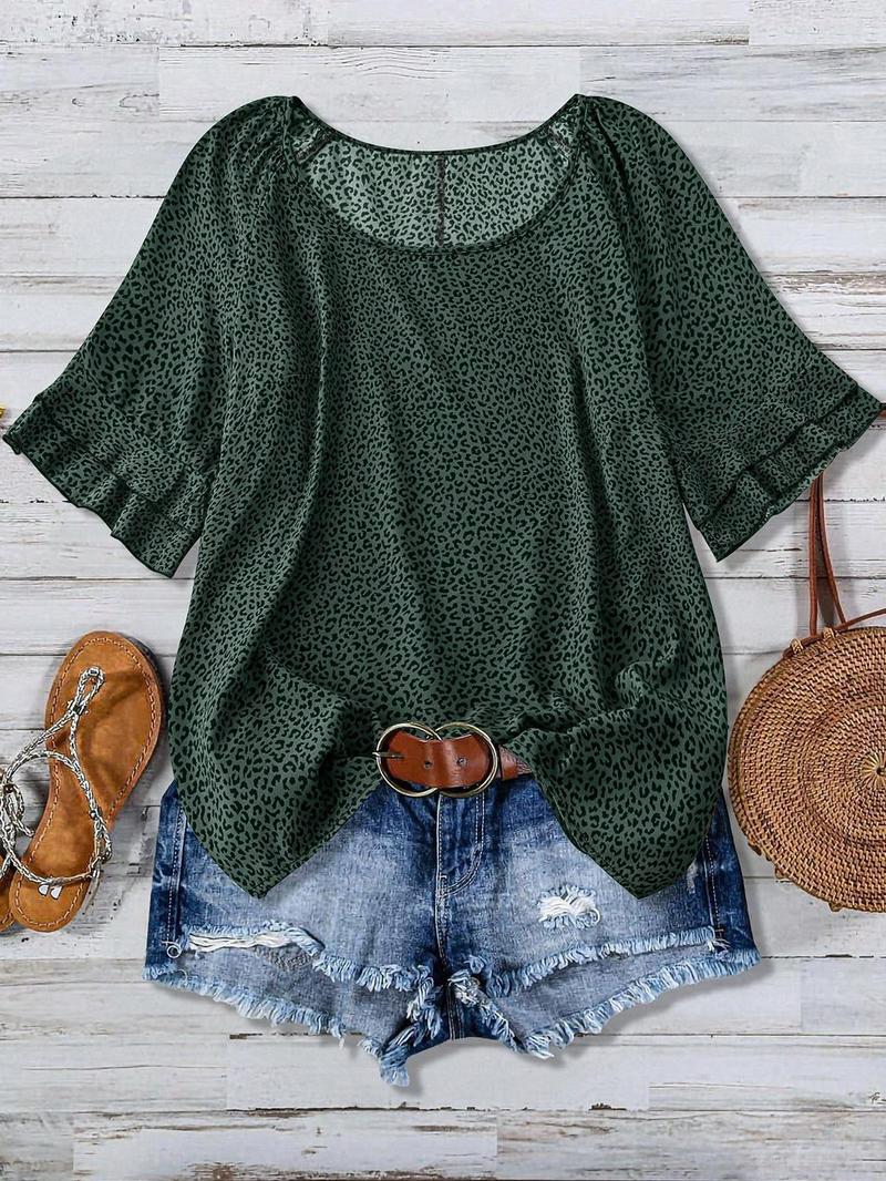 【Plus Size】 All Over Print Ruffle Layered Sleeve Blouse, Casual Short Sleeve Round Neck Top for Daily Wear, Women's Plus Clothing for All Seasons