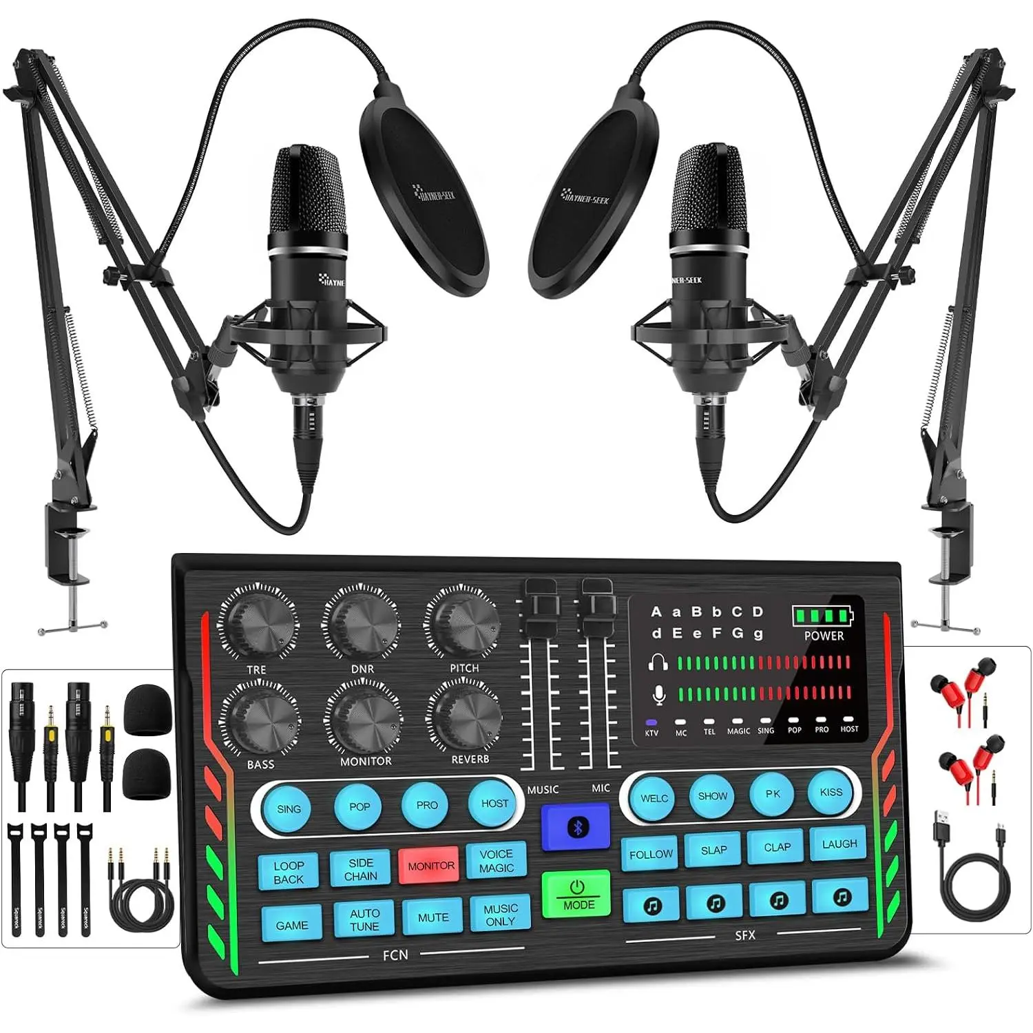 Podcast Equipment Bundle for 2, DJ Mixer with 3.5mm Diaphragm Condenser Microphone for Live Streaming, Podcast Recording,Gaming, Youtube, , PC, Smartphone