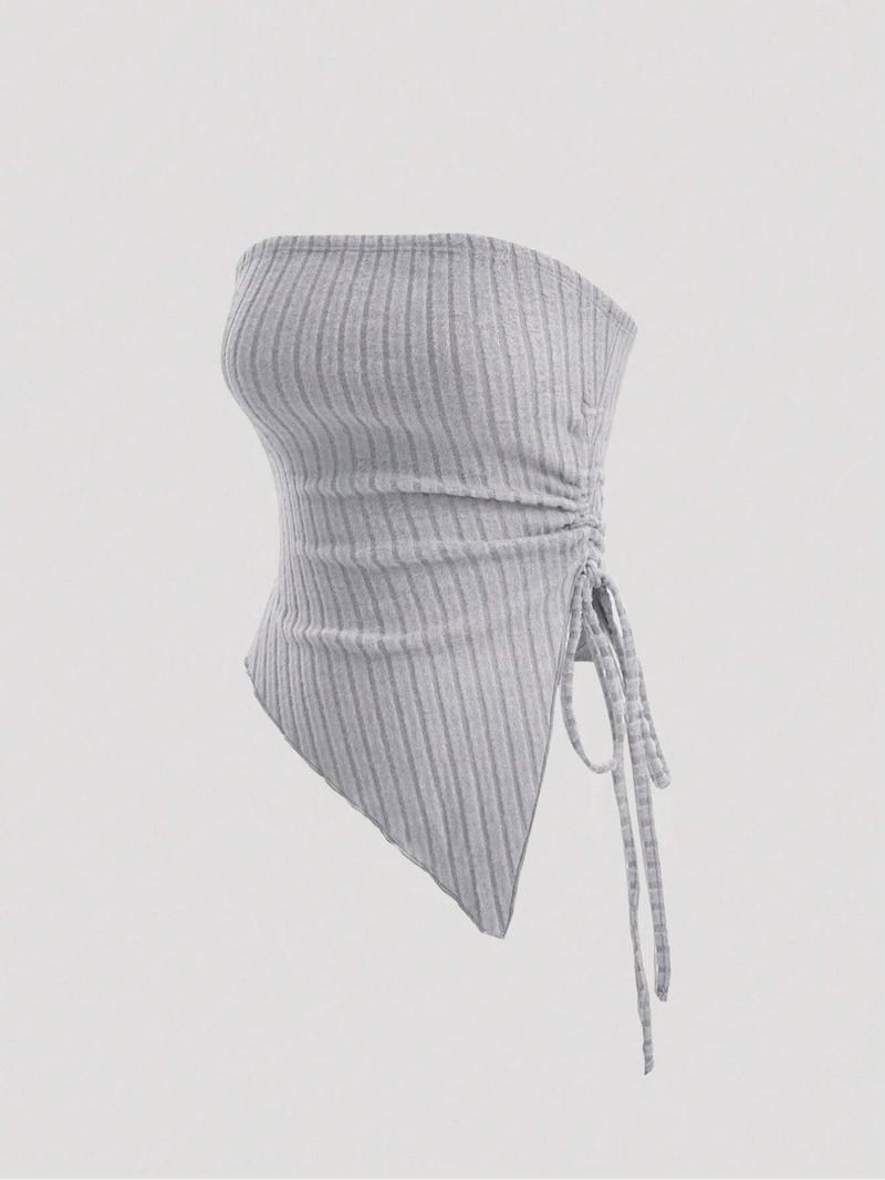 Women's Solid Ruched Backless Crop Tube Top, Casual Drawstring Asymmetrical Hem Sleeveless Top for Summer, Minimalist Women's Clothing for Daily Wear, Casual Fitted Sleeveless