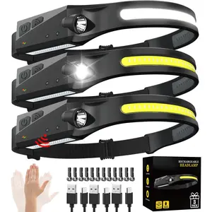 Rechargeable Headlamp 3PCS, 230 °   Wide Beam Head Lamp, Motion Sensor LED Headlamp Rechargeable, 5Mode Bright Headlamps for Adults, Head Lights for Forehead, Hard Hat Headlight, Camping Essentials Gear