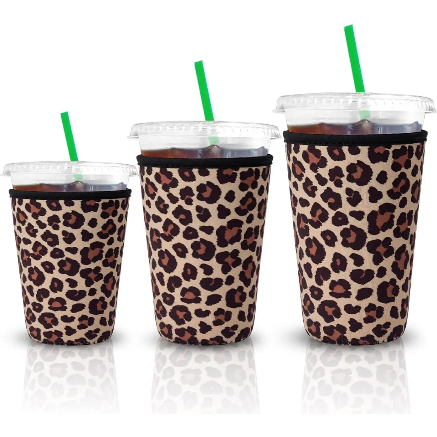 Iced Coffee Insulator Sleeve for Cold Beverages,3 Pack Neoprene Coffee Coolies sleeves for Iced & Hot Drinks,Drink Sleeve Compatible with  Coffee and  (Leopard 2)