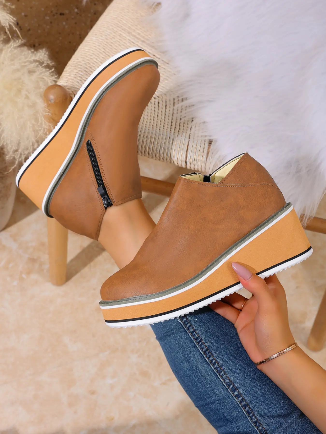 Women's Matte Vegan Leather Wedge Thick Sole Short Boots, /blue Color Options, Zipper Design, Retro Casual Style, Daily Wear
