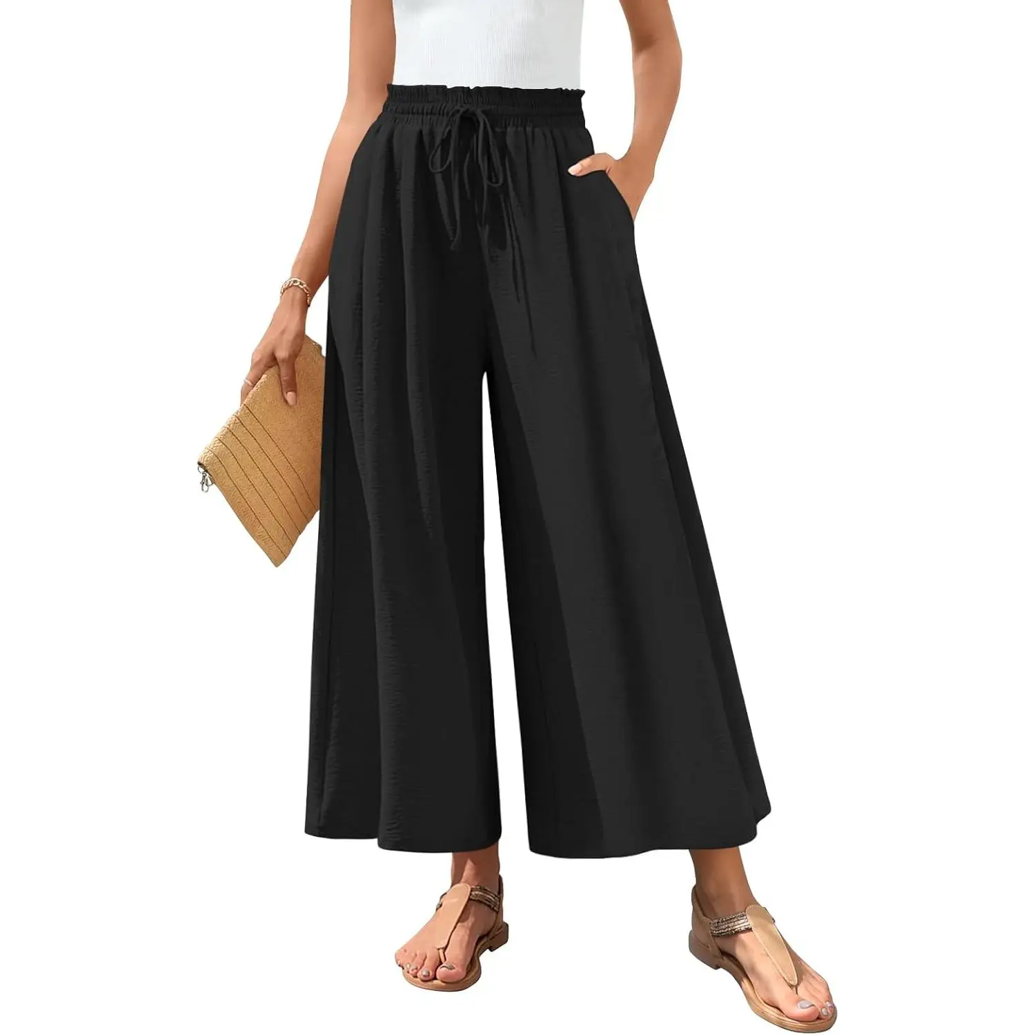 Women's Solid Wide Leg Palazzo Pants, Dressy Casual Flowy Trousers with High Elastic Waist and Pockets