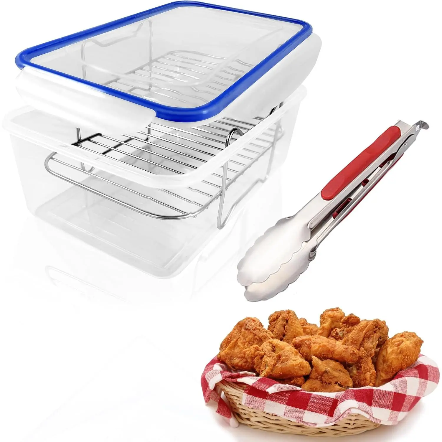 Polypropylene Breading & Batter Bowl with Airtight Seal Lid - Stainless Steel Tray, Flour Shaker, Flip Design, Easy Clean, Single Unit for Fried Food Prep (Blue)