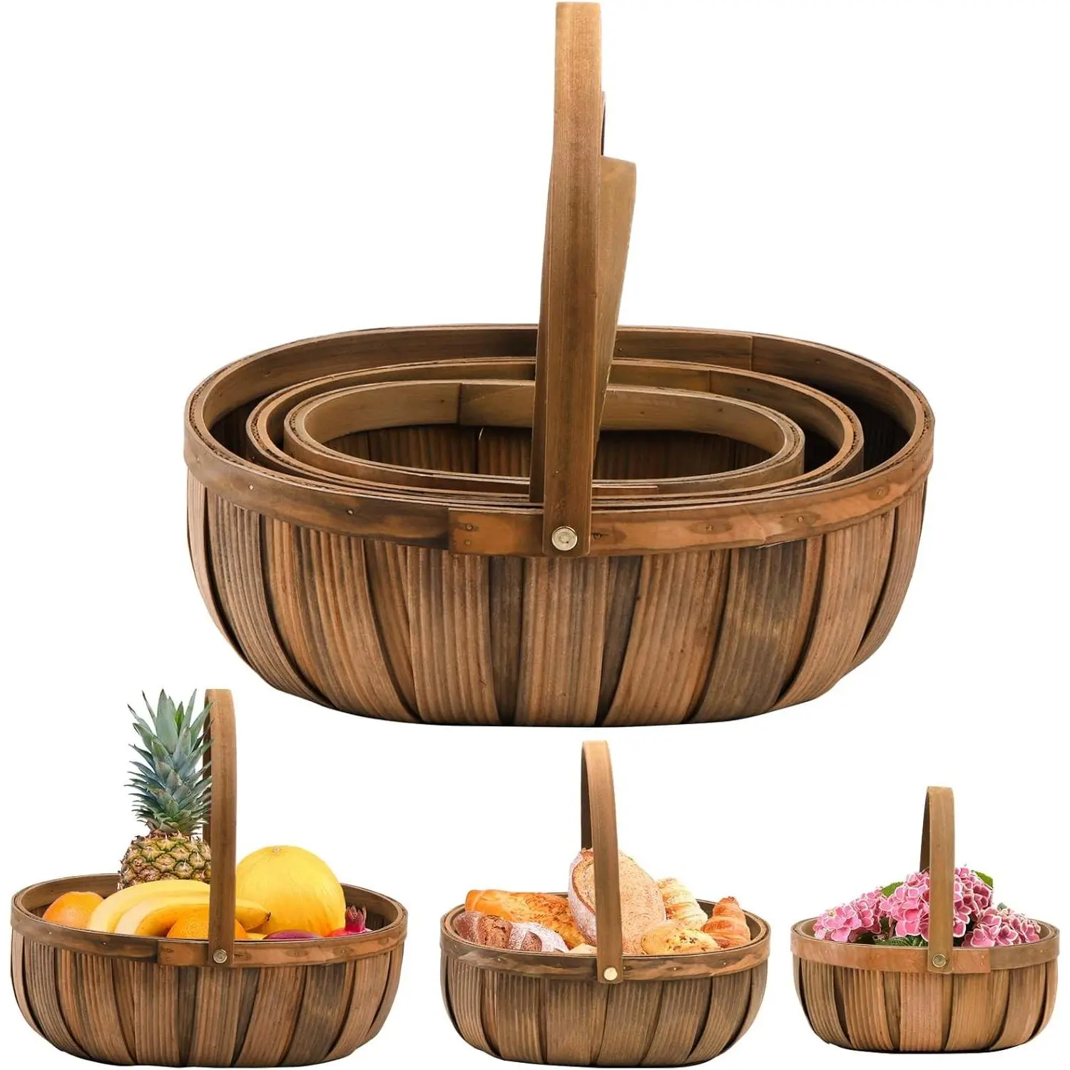 3 Pack Handmade Woven Wooden Bread Baskets, Wood Chip Picnic Baskets with Handles, Multi-use for Fruit Vegetable Storage, Serving, Gift Packing, Wedding Flower Girl