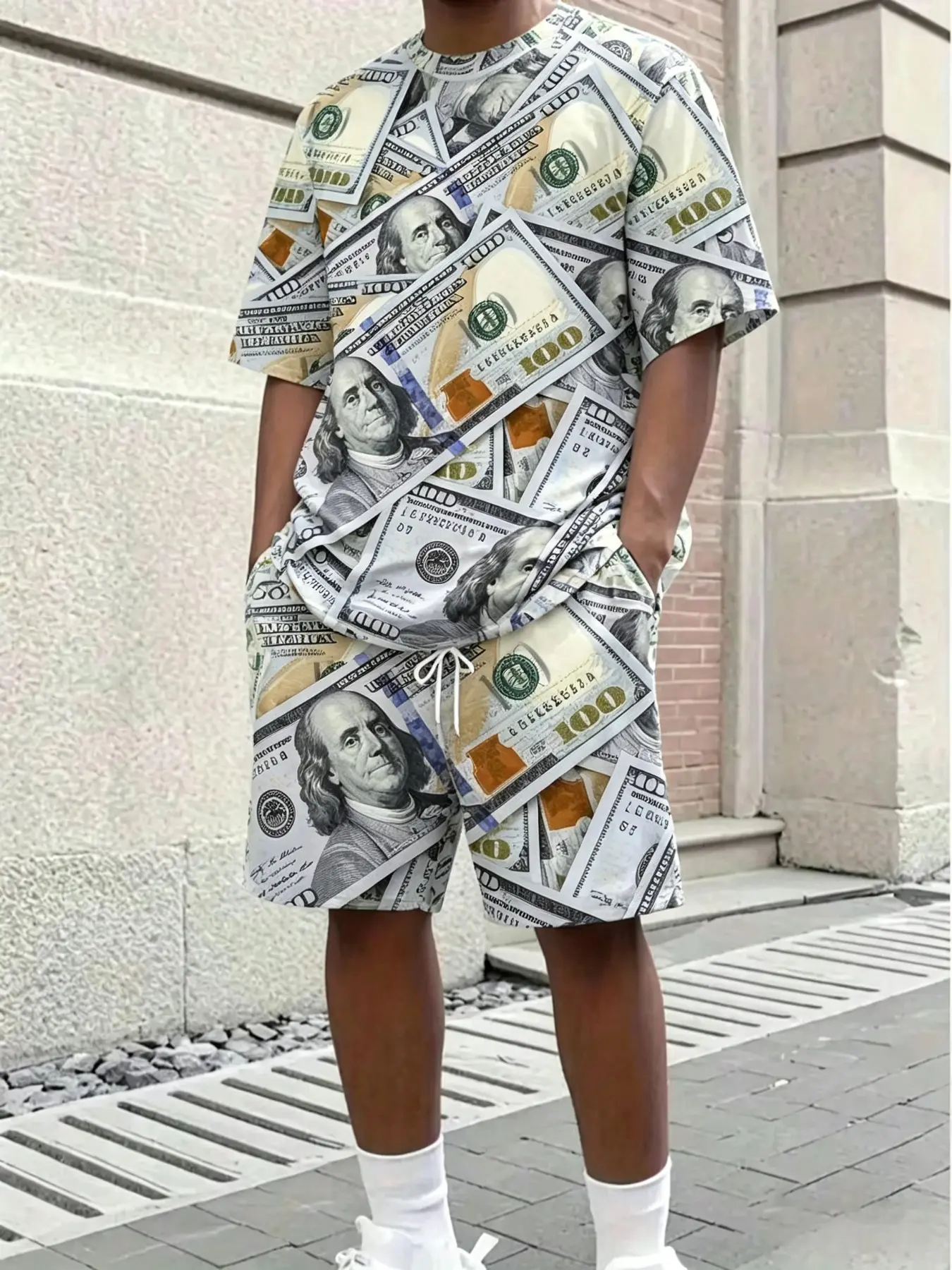 Men's US Dollar Bills Printed On Short-Sleeved Shorts And Pants Set, Breathable, Loose And Casual Street-Style Streetwear Quirky And Personalized Outfit