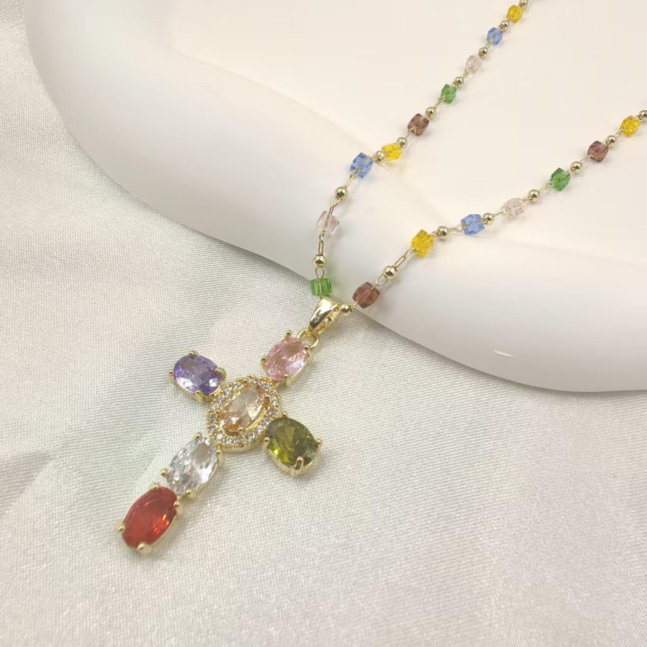 Colorful Zircon Cross Pendant Necklace, Rainbow Crystal Beaded Chain Dainty Gold Plated Necklace, Vintage Y2K Religious Cubic Zirconia Necklace for Women, Adjustable Fashion Jewelry for Daily Party Gift