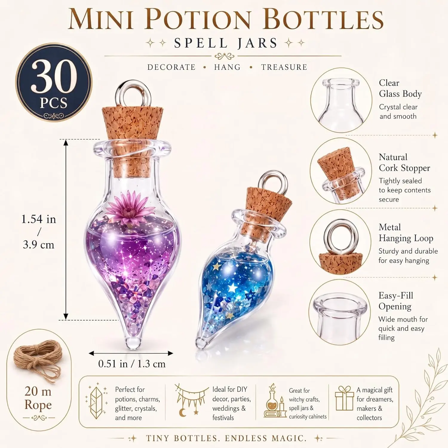30 Pcs Teardrop-Shaped Mini Glass Bottles with Cork Stoppers, Clear Tiny Potion Jars with Lids and 20m Hanging Rope for DIY Necklace Making, Halloween CraftsGift