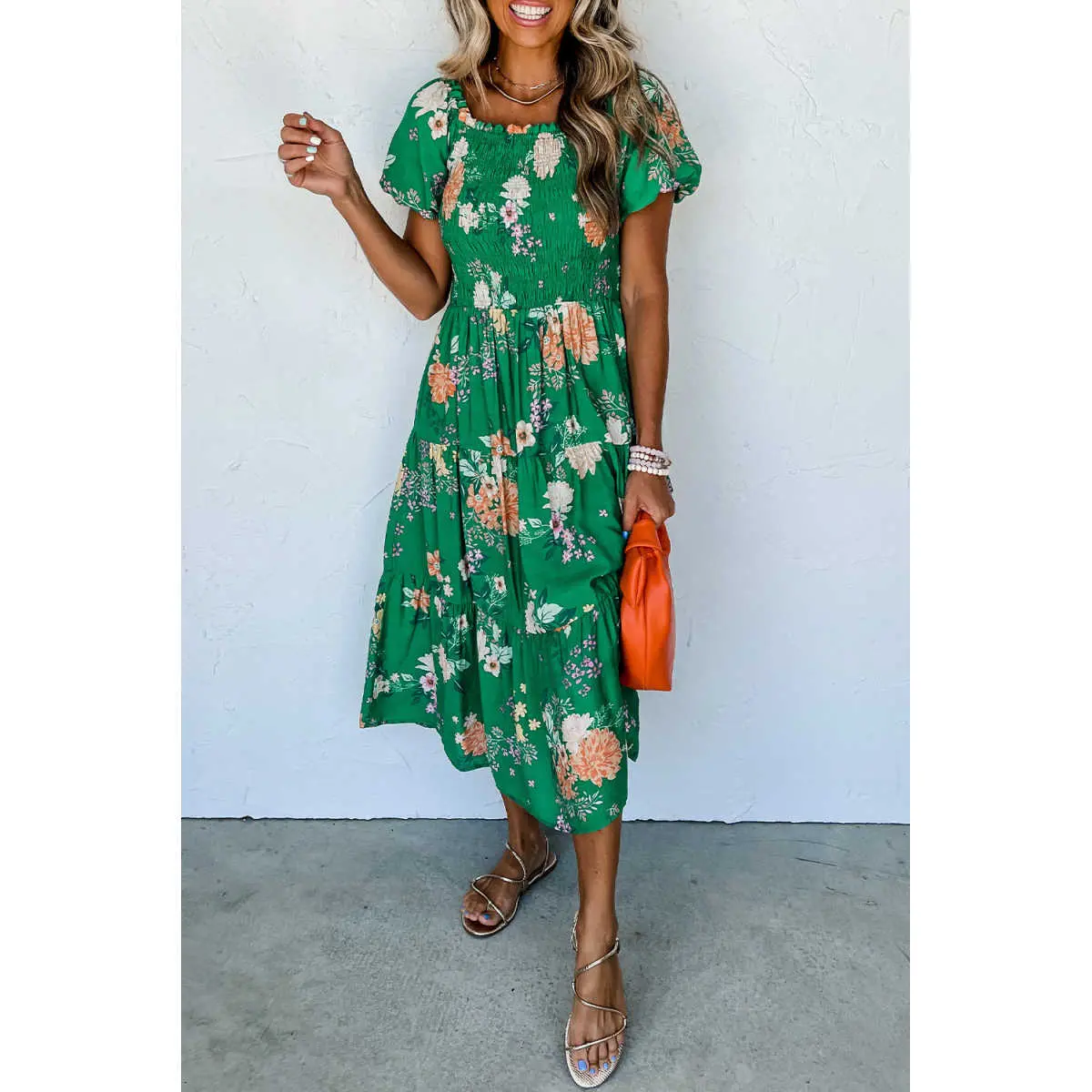 Women's 100% Viscose Feminine Floral Print Bubble-Short Flutter Short Sleeve Smocked Tiered Midi Dress - 2026 Summer Chic Bohemian High Waist Flowy Fit Clothes, Ruffle Neck, Pull-On, Tiered Hem, Casual, Comfortable, Cold Wash, for Vacation, Daily Wear, Ov