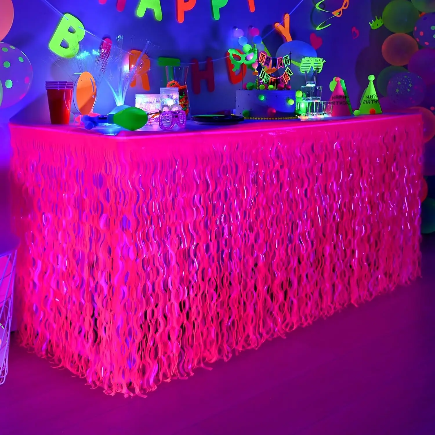 Mega-L Glow in The Dark Party Supplies, Neon Wavy Table Skirts, 2 Pack | Fluorescent Fuchsia, Neon Table Cloths, Glow Party Supplies for Birthday, Halloween, Graduation, New Year Decor