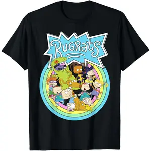 Men's Rugrats Rainbow Circle Classic Title Print T-Shirt. This garment is made of soft and comfortable fabric, making it suitable for all seasons. Available in multiple colors and sizes.