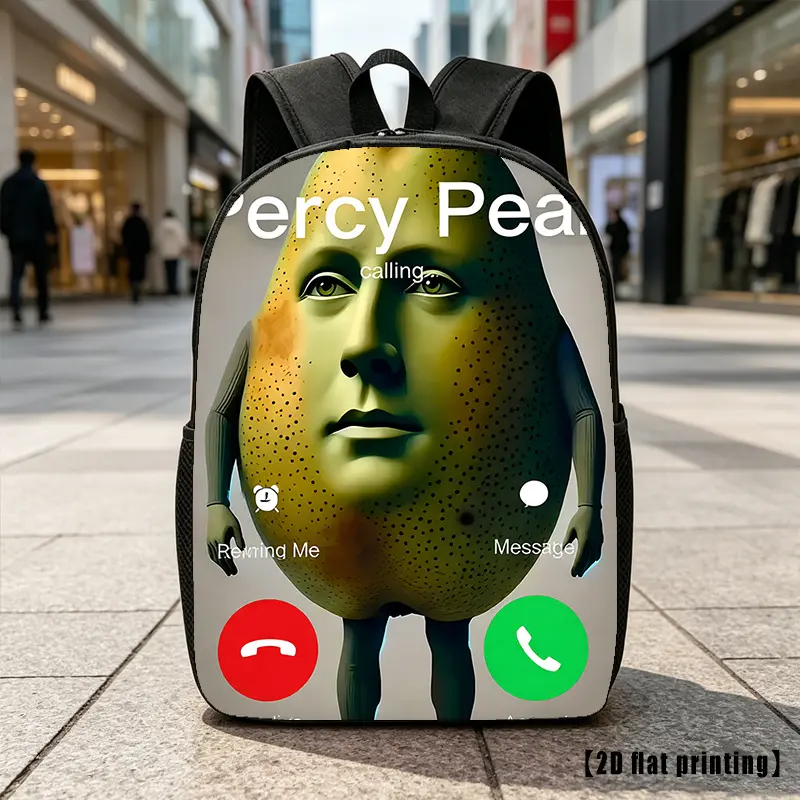 1pc Percy the Pear Backpack Suitable for Travel, & Commuting - Large Capacity Laptop with Percy Print, Adjustable Straps & Zipper Closure, Lightweight Bookbag for and, Percy Themed Supplies, 2D Flat, for Teenager