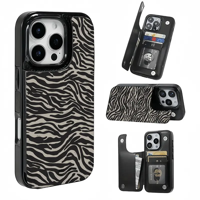 Black and White Zebra Pattern Card Holder, This phone case features a card slot function, can store bank cards, transit cards and other cards, suitable for iPhone 17/16/15/14/13/12, and makes a great gift for girls.